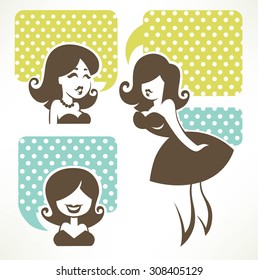 chatting girls, vector set of  retro girls images with speech bubbles