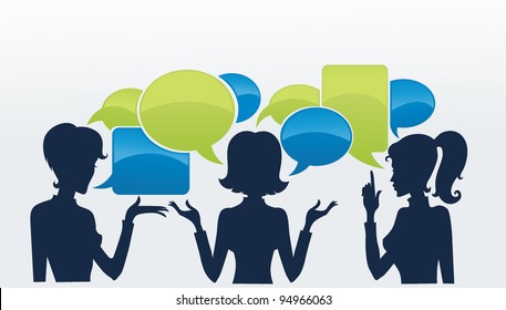 chatting girls, vector set of girls silhouettes with speech bubbles