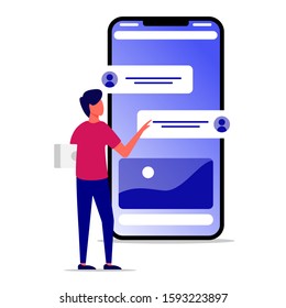 chatting with handsome man with huge phone and emoji on the background. Dating app and virtual relationship. Chat bubble. Modern vector illustration.