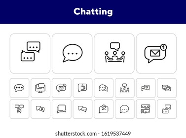 Chat-Linie Symbol gesetzt. So, Meeting, Nachrichten, Tippen. Kommunikationskonzept. Kann für Themen wie Boten, Verhandlung, E-Mail verwendet werden