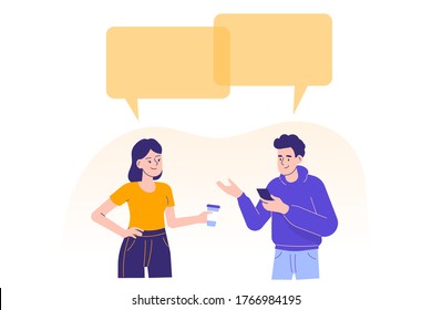 Chatting man and woman with speech bubbles isolated on white background. People discussing social network, dialogue. Chat communication. Modern vector illustration in flat cartoon style