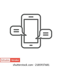 Chatting message on mobile cell phone icon. Simple outline style. Bubble talk, push alert, live chat concept. Thin line vector illustration isolated on white background. Editable stroke EPS 10.