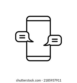 Chatting message on mobile cell phone icon. Simple outline style. Bubble talk, push alert, live chat concept. Thin line vector illustration isolated on white background. EPS 10.