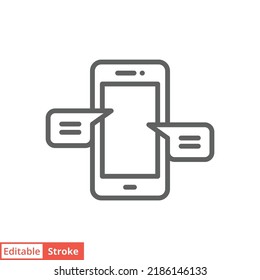 Chatting message on mobile cell phone icon. Simple outline style. Bubble talk, push alert, live chat concept. Thin line vector illustration isolated on white background. Editable stroke EPS 10.