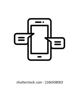 Chatting message on mobile cell phone icon. Simple outline style. Bubble talk, push alert, live chat concept. Thin line vector illustration isolated on white background. EPS 10.