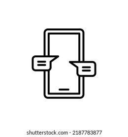 Chatting message on mobile cell phone icon. Simple outline style. Bubble talk, push alert, live chat concept. Thin line vector illustration isolated on white background. EPS 10.