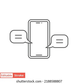 Mensaje de chat en el icono del teléfono móvil. Estilo de contorno simple. Charla de burbujas, alerta de inserción, concepto de chat en vivo. Ilustración vectorial de línea delgada aislada en fondo blanco. EPS de trazo editable 10.