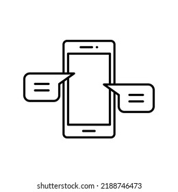 Chatting message on mobile cell phone icon. Simple outline style. Bubble talk, push alert, live chat concept. Thin line vector illustration isolated on white background. EPS 10.