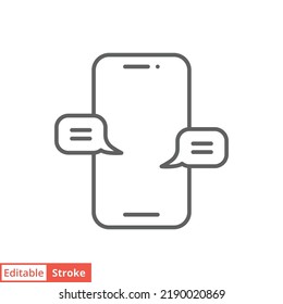 Chatting message on mobile cell phone icon. Simple outline style. Bubble talk, push alert, live chat concept. Thin line vector illustration isolated on white background. Editable stroke EPS 10.