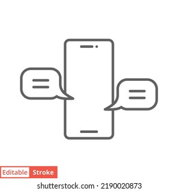 Chatting message on mobile cell phone icon. Simple outline style. Bubble talk, push alert, live chat concept. Thin line vector illustration isolated on white background. Editable stroke EPS 10.