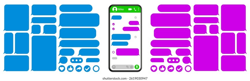 Chatting message smartphone template. Message bubbles. Blank SMS text frame composer. Chat set message template bubbles icons