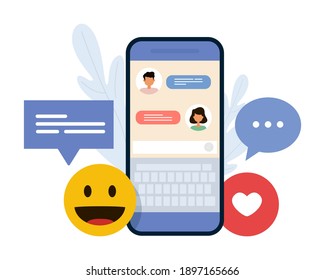Chatting and messaging. Chat bubble. Man and woman chatting in mobile phone dating app. Vector flat illustration.