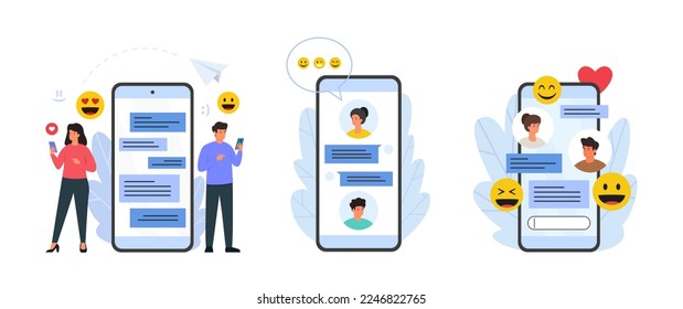 Chatting und Messaging Konzept. Charaktere, die mit einem riesigen Smartphone mit Chat-Blasen und Emoji-Icons in der Nähe stehen. Dating-App. Vektorgrafiken einzeln auf weißem Hintergrund.
