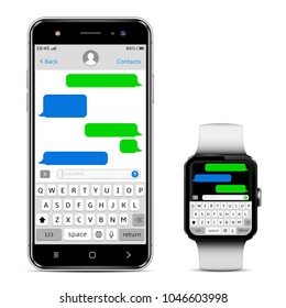 Chatting and messaging concept. Smart phone and smart watch with sms chat