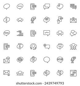 Conjunto de iconos de línea de chat y mensajería. Colección de símbolos de estilo lineal de medios sociales, paquete de símbolos de esquema de comunicación en línea. gráficos vectoriales. El conjunto incluye iconos como burbujas de voz, mensajes de chat, correo