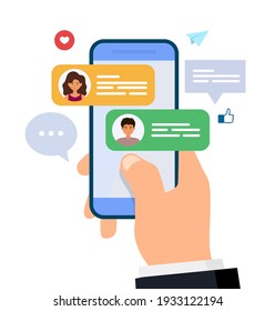 Chatting And Messaging. Man And Woman Chatting On Smartphone. Hand Holding Mobile Phone With Text Messages. Flat Vector Illustration.