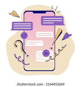 Chatting And Messaging On A Smartphone. Bed Comments. Online Hate Speech. Internet Bullying. Screen With Speech Bubbles. Vector Illustration.