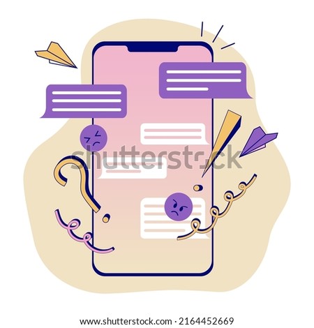 Chatting and messaging on a smartphone. Bed comments. Online hate speech. Internet bullying. Screen with speech bubbles. Vector illustration.