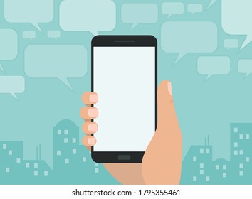 Chatting und Messaging auf Smartphone-Konzept. Mit Sms-Nachrichten, Sprachblasen und modernem Silhouettenhintergrund in der Stadt