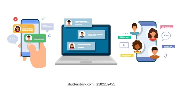 Chatting and messaging. Remote communication. Internet forum. Chat messages on laptop and smartphone. Set of vector illustrations.