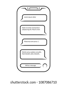 Chatting and messaging. Vector outlined icon of smartphone with opened messenger app window isolated on white background. Contour of cell phone with chat message notifications. Social network concept.