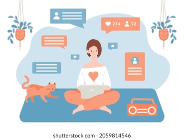 Chatting in messenger. Girl communicates with friends via Internet, social networks. Modern technology, laptop, internet, cat, pet. Cartoon flat vector illustration isolated on white background