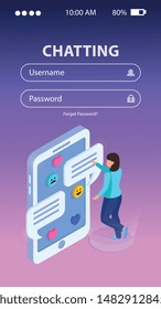 Chatting with mobile app isometric background composition with girl pointing message bubble on smartphone screen vector illustration  