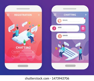 Chatting mobile app isometric composition with registration login and messaging people 2 smartphone screen images vector illustration  