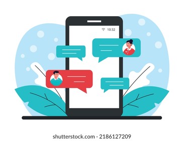 Chatting on Internet. Man and girl exchange messages online, social networks and instant messengers. Users communicate with romantic dating application or program. Cartoon flat vector illustration