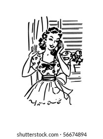 Chatting On The Phone - Retro Clip Art