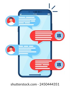 Chatten auf dem Smartphone mit Chat Bot Roboter isoliert. Mann, der mit Chatbot telefoniert. Benachrichtigung über Chat-Nachrichten auf dem Bildschirm. AI Chatbot, Support, Kundenservice Konzept. flache Vektorillustration