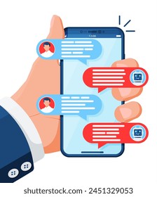 Chatear en Smartphone con Chat Bot Robot Aislado. Hombre charlando con un bot de chat por teléfono. Notificación de mensajes de chat en pantalla. AI Chatbot, Asistencia, concepto de Servicio al cliente. Ilustración vectorial plana