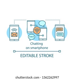 Chatting on smartphone concept icon. Web communication. Sending, receiving messages. Virtual dialogue. Chat applications idea thin line illustration. Vector isolated outline drawing. Editable stroke