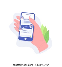 Chatting on smartphone, online conversation with texting message concept. Hand holds smartphone with chat messages. Messaging using mobile phone. Trendy flat style. Vector illustration.