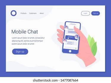 Chatting on smartphone, online conversation with texting message concept. Hand holds smartphone with chat messages. Messaging using mobile phone. Landing page template. Trendy flat style. Vector.