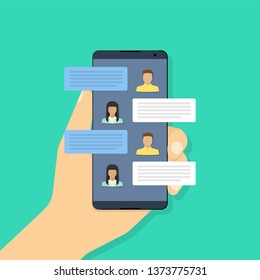 Chatting on smartphone, vector illustration in flat style. Messaging using phone, illustration of screen with messaging