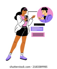 Chatting online concept. Girl communicates with friend or boyfriend on social networks or Internet. Couple on distant date. Dialogue or conversation. Cartoon flat vector illustration in doodle style