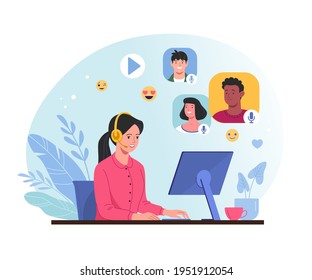 Chatting online concept. Vector illustration in a trendy flat style of a young pretty woman in headphones listening online stream of other people on a computer at the desk. Isolated on background 