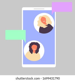 Chatting online. Conversation with texting message . Colorful vector illustration of phone screen with two female avatars and bubbles speech