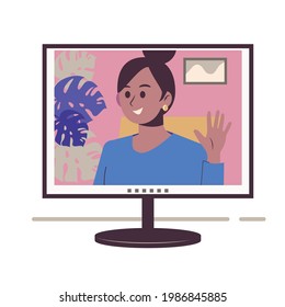 Chatting online. Girl on the monitor screen. Work at home, freelance, remote work as a team. Service for communication. Flat illustration isolated on white background. Virtual conference.