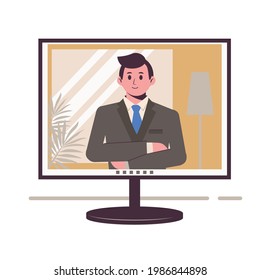 Chatting online. Man on the monitor screen. Work at home, freelance, remote work as a team. Service for communication. Flat illustration isolated on white background. Virtual conference. Friend