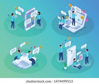 Chatting people 4 isometric compositions with smartphone laptop tablet messages bubbles heart symbols green background vector illustration 