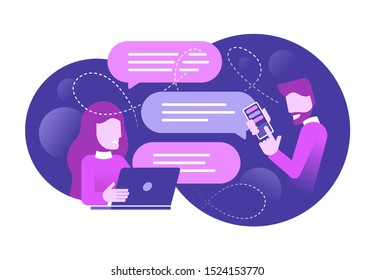 Chatting people - chat messages betweeb woman with laptop and man with smartphone flat cartoon sms bubbles (message boxes) - abstract background - isolated vector illustration