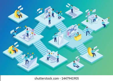 Chatting people home private business commerce work multi level isometric compositions with staircases green background vector illustration 