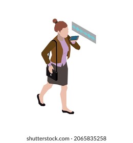 Composición isométrica de la gente chateando con el personaje de mujer caminando hablando con ilustración vectorial de smartphone
