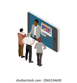 Chatting people isometric composition with group of coworkers looking at smartphone with boss vector illustration