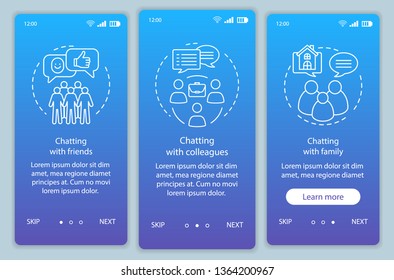 Chatting people onboarding mobile app page screen vector template. Services for online communication. Walkthrough website steps with linear illustrations. UX, UI, GUI smartphone interface concept