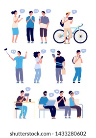 Chatting people. Persons in online conversations, internet friends searching. Web communication with mobile phone. Vector characters. Illustration of chat communication, chatting messenger