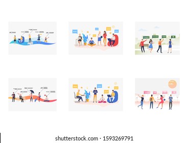 Chatting people set. Users talking to each other, greeting, using mobile apps. Flat vector illustrations. Communication concept for banner, website design or landing web page
