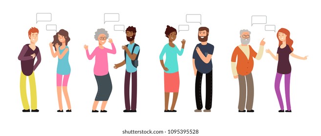 Chatting persons. People group in conversation. Men and women discussing with thinking bubble. Vector communication concept. Illustration of speech debate, woman and man together communicate